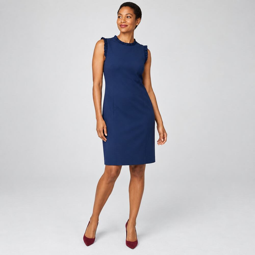 J.Crew Dress WMNS 0 Navy Ruffleneck Sleeveless Sheath Tailored Business Casual